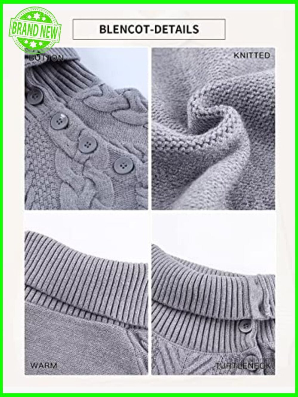 Chunky Cable Knit Turtleneck Pullover Sweater with Pockets Slim Fit - Picture 4 of 7